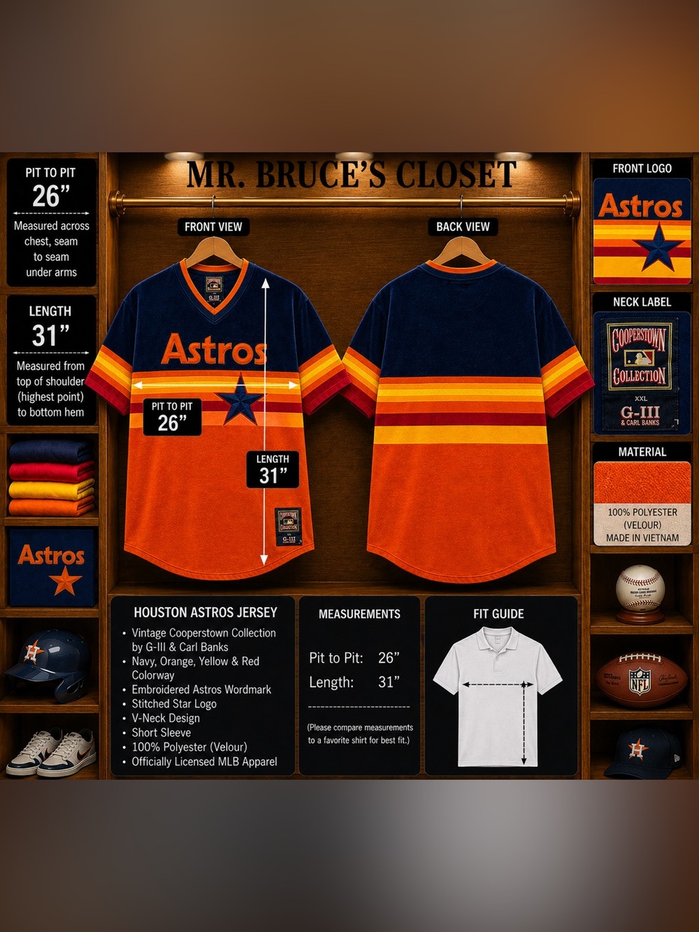 Houston Astros Vintage Cooperstown V-Neck Jersey - Navy & Orange